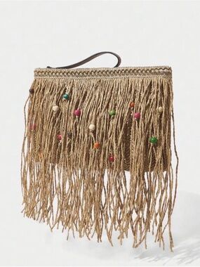 Boho Fringe Bead Wristlet Clutch in Natural